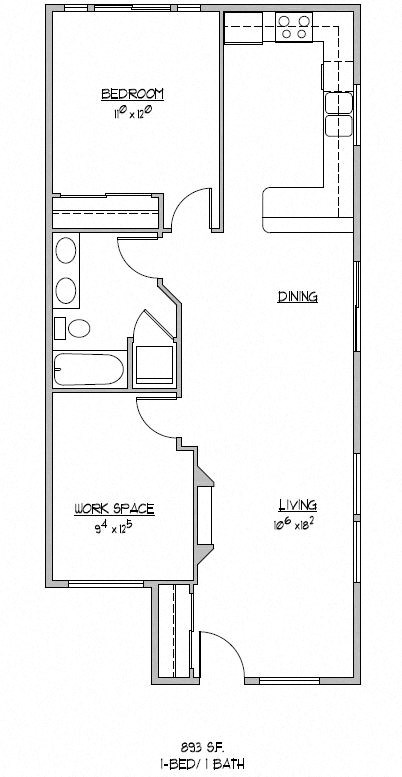 Floor plan for 1 bed, 1 bath, 893 sqft